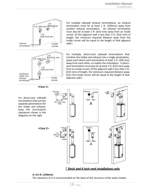 Page 1818  Page
Installation
Installation Manual
For multiple sidewall exhaust terminations, an exhaust 
termination must be at least 1 ft (305mm) away from 
another exhaust termination  An exhaust termination 
must also be at least 2 ft (610 mm) away from an inside 
corner (If the adjacent wall is less than 2 ft (610 mm) of 
length, the minimum required distance away from the 
inside corner will be equal to the length of that adjacent 
wall)Exhaust terminationInsidecorner
 1 ft(305...
