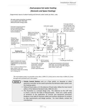 Page 3030  Page
•	Priority Control Devices such as a flow switch, an Aquastat or other 
electronic controller can be used to prioritize the domestic water system over 
the heating system
•	Follow all local codes, or in the absence of local codes, follow the most recent 
edition of the National Standard Code, ANSI Z21103
•	This illustration is a concept design only  The reference to the 1/8th hole 
in check is only for the State of Massachusetts  There are a wide variety 
of variations to...