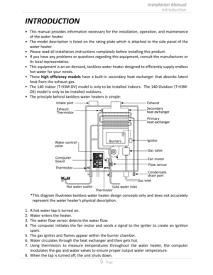 Page 55  Page
Introduction
Installation Manual
INTRODUCTION
•	This manual provides information necessary for the installation, operation, and maintenance 
of the water heater
•	The model description is listed on the rating plate which is attached to the side panel of the 
water heater
•	Please read all installation instructions completely before installing this product
•	If you have any problems or questions regarding this equipment, consult the manufacturer or 
its local representative
•	This...