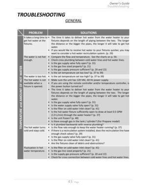 Page 4343  Page
TROUBLESHOOTING
GENERAL
PROBLEMSOLUTIONS
TEMPERATURE and AMOUNT OF HOT WATER
It takes a long time to 
get hot water at the 
fixtures
•	The time it takes to deliver hot water from the water heater to your 
fixtures depends on the length of piping between the two  The longer 
the distance or the bigger the pipes, the longer it will take to get hot 
water
•	If you would like to receive hot water to your fixtures quicker, you may 
want to consider a hot water recirculation system...