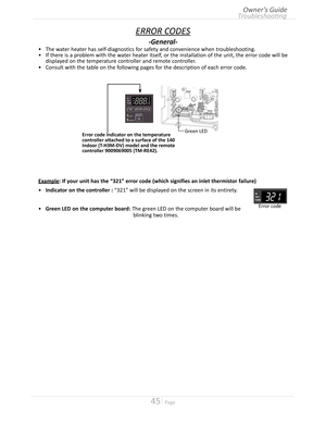 Page 4545  Page
Error code
Green LEDError code indicator on the temperature controller attached to a surface of the 140 Indoor (T-H3M-DV) model and the remote controller 9009069005 (TM-RE42).
ERROR CODES
-General-
•	The water heater has self-diagnostics for safety and convenience when troubleshooting
•	If there is a problem with the water heater itself, or the installation of the unit, the error code will be 
displayed on the temperature controller and remote controller
•	Consult with the table on the...