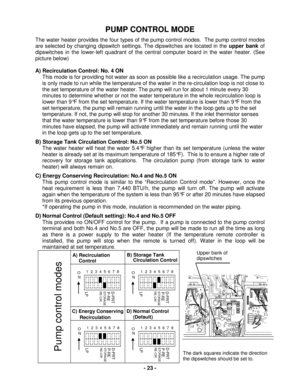 Page 23 - 23 - 
The dark squares indicate the direction 
the dipswitches should be set to. 
PUMP CONTROL MODE 
The water heater provides  the four types of the pum p control modes.  The pump control  modes 
are selected by  changing  dipswitch settings . The dipswitches are located in the upper bank  of 
dipswitch es in the  lower-left quadrant of the central  computer board  in the  water heater . (See 
picture  below) 
 
A)  Recirculation Control : No.  4 ON  
This mode is for providing hot water as soon as...