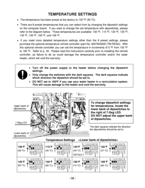 Page 33 - 33 - 
The dark squares indicate the direction 
the dipswitches should be set to. 
TEMPERATURE SETTINGS 
•  The temperature has been preset at the factor y to 120 ºF ( 50 ºC).  
•   There are 8  preset temperatures that you can select from by changing the dipswitch settings 
on the computer board.   If  you want  to change the set temp erature with dipswitches, please 
refer to the diagram below.  These temperatures are available:  100 ºF, 115  ºF, 1 20 ºF,  135  ºF, 
1 45  ºF, 1 55 ºF, 1 65 ºF, and...