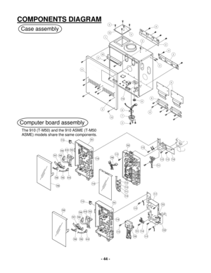 Page 44 - 44 - 
 COMPONENTS DIAGRAM 
Computer board assembly 
Case assembly 
The 910 (T-M50) and the 910 ASME (T-M50 
ASME) models  share the same components.  
3
7
6
13
3
11
410
1
12
3
3
3
4
2
4
2
3
5
98
4
718
709
416705
707706
708
704418703
715701
719
113708
702
710712
713
711
714
113
711
113113716
416705
707706
708
704418703709
715701
719
113
720
721714
113
113
717
722�
723
  