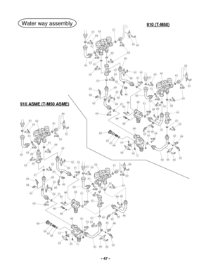 Page 47 
- 47  - 
 
 
 
 
 
 
 
 
 
 
 
 
 
 
 
 
 
 
 
 
 
 
 Water way assembly 910 (T-M50) 
910 ASME (T-M50 ASME) 
422419411
419
411
424
406
407
419
411425
427
423
407
406
425
427
411
419
411419
422
411
419411439440
441
442
443
429425421
411419
406407
424429425432
419411
407406430
434
3433425
438437436
435
113
411420
419
427
426
418
420
428
421
419
419
426427
411411
411
419
431
411
418
430
419420
419
411
424
406
407
419
411425
427
448
407
406
425
427
411
419
411
419411439440
441
442
443
429425
421
419
411...