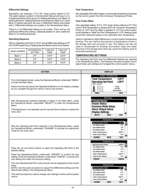 Page 2424
Differential Settings
Adjustable  user  setting(s)  1°F  to  20°  range;  factory  default  is  2°F. 
The water heaters covered in this Instruction Manual will have 3, 6 or 
9 heating elements. Each group of 3 heating elements is one “Bank” of 
heating elements. Heating elements are energized in Banks of 3. Each 
Bank  of  heating  elements  will  have  a  Differential  Setting  associated 
with it. Differential Settings are located in the Temperatures Menu.
There is a 1st Differential Setting on all...