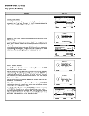 Page 2828
ECONOMY MODE SETTINGS
Daily Operating Mode Settings
ACTIONDISPLAY
Economy Mode All Day:
From the Economy Mode Setup menu use the Up/Down buttons to select 
(highlight  in  black)  the  Daily  sub  menu  for  “Sun.”  Press  the  Operational 
Button underneath “CHANGE” to enter this menu. 
Use the Up/Down buttons to select (highlight in black) the “Economy Mode 
All Day” setting.
Press  the  Operational  Button  underneath  “SELECT”  to  change  from  the 
factory default Normal Operation All Day...