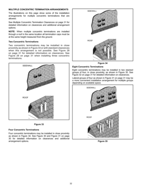 Page 3232
SIDEWALL
ROOF
Figure 34
Eight Concentric Terminations
Eight  concentric  terminations  may  be  installed  in  two  stacked 
groups  of  four,  in  close  proximity,  as  shown  in  Figure  35.  See 
Figure 32 on page 31 for detailed information on clearances. 
Lateral groups of four as shown in Figure 31 on page 31 may be 
a  more  convenient  installation  arrangement  for  multiple  groups 
depending on available space.
SIDEW ALL
ROOF
Figure 35 
MULTIPLE CONCENTRIC TERMINATION ARRANGEMENTS
The...