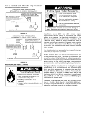 Page 1212
Breathing Hazard - Carbon Monoxide Gas
Breathing carbon  monoxide can cause brain  damage or
death.  Always read and understand  instruction  manual. Under no circumstances should
the input exceed the rate shown
on the water heater
’s rating label.  
Overfiring could result in damage to
the water heater and sooting.
Gas and carbon monoxide detectors
are available.
Installations  above  2000  feet  (610  meters)  require 
replacement  of  burner  orifices  in  accordance  with  current 
edition  of...