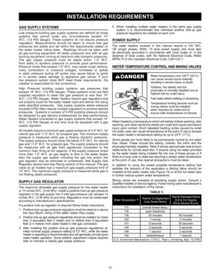 Page 1313
4. When  installing  multiple  water  heaters  in  the  same  gas  supply  
  system  it  is  recommended  that  individual  positive  lock-up  gas  
  pressure regulators be installed at each unit.
POWER SUPPLY
The  water  heaters  covered  in  this  manual  require  a  120  VAC, 
1Ø  (single  phase),  60Hz,  15  amp  power  supply  and  must  also 
be  electrically  grounded  in  accordance  with  local  codes  or,  in  the 
absence  of  local  codes,  with  the  National  Electrical  Code,  ANSI/...