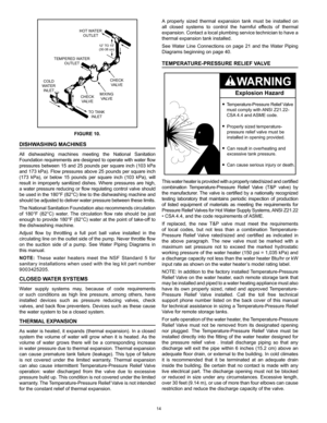 Page 1414
HOT WATER
OUTLET
TO TA NK
INLET
CHECK
VA LVE MIXING
VA LVE
COLD
WA TER
INLET TEMPERED WA
TER
OUTLET
12”  TO 15”
(30-38 cm)
CHECK VA LVE
FIGURE 10.
DISHWASHING MACHINES
All  dishwashing  machines  meeting  the  National  Sanitation 
Foundation requirements are designed to operate with water flow 
pressures  between  15  and  25  pounds  per  square  inch  (103  kPa 
and  173  kPa).  Flow  pressures  above  25  pounds  per  square  inch 
(173  kPa),  or  below  15  pounds  per  square  inch  (103  kPa),...