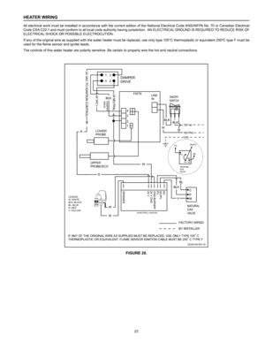 Page 2323
HEATER WIRING
All electrical work must be installed in accordance with the current edition of the National Electrical Code ANSI/NFPA No. 70 or Canadian Electrical 
Code CSA C22.1 and must conform to all local code authority having jurisdiction.  AN ELECTRICAL GROUND IS REQUIRED TO REDUCE RISK OF 
ELECTRICAL SHOCK OR POSSIBLE ELECTROCUTION.
If any of the original wire as supplied with the water heater must be replaced, use only type 105°C thermoplastic or equivalent 250
0C type F must be 
used for the...
