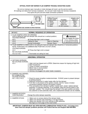 Page 3737
PIN END VIEW
24 V.A.C. NORMAL SEQUENCE OF OPERATION       
B. DAMPER HAS OPENED, 
 NO COMBUSTION
  VOLTAGE ACROSS:
  4 & 1; 4 & 2; 4 & 3:  1. Check for power at ignition module terminals.  If 24VAC power is present damper  
        is working properly.     
    2. Defective component in water heater after the flue damper.   
    3. If 24 VAC is not present at the ignition module, look for  loose or broken 
          connections between damper and ignition module.
    4.  If the connections from damper...