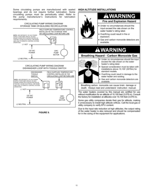 Page 1111
HIGH ALTITUDE INSTALLATIONS
Fire and Explosion Hazard
Gas and carbon monoxide detectors ar e
available.
Overfiring could result in fire or
explosion. Under no circumstances should the 
input exceed the rate shown on the 
water heater ’s rating label.  
Breathing Hazard - Carbon Monoxide Ga s
Breathing carbon  monoxide can cause brain  damage or
death.  Always read and understand  instruction  manual.
Under no circumstances should the input
exceed the rate shown on the water
heater’s rating label....