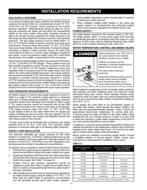 Page 1212
Some addition adjustment maybe required later to maintain 
a steady gas supply pressure.
5.  When  installing  multiple  water  heaters  in  the  same  gas 
supply  system  it  is  recommended  that  individual  positive 
lock-up gas pressure regulators be installed at each unit.
POWER SUPPLY
The  water  heaters  covered  in  this  manual  require  a  120  VAC, 
1Ø  (single  phase),  60Hz,  15  amp  power  supply  and  must  also 
be electrically grounded in accordance with local codes or, in the...
