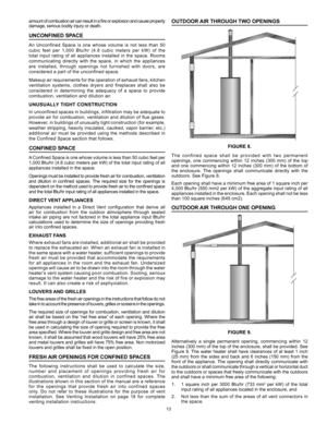 Page 1313
amount	of	combustion	 air	can	 result	 in	a	fire	 or	explosion	 and	cause	 property 	
damage,	serious	bodily	injury	or	death.
unconfIned space
An	 Unconfined	 Space	is	one	 whose	 volume	 is	not	 less	 than	 50	
cubic	 feet	per	1,000	 Btu/hr	 (4.8	cubic	 meters	 per	kW)	 of	the 	
total	 input	 rating	 of	all	 appliances	 installed	in	the	 space.	 Rooms	
communicating	 directly	with	the	space,	 in	which	 the	appliances 	
are	 installed, 	through	 openings	 not	furnished	 with	doors, 	are 	
considered	a...