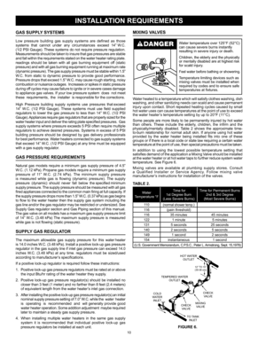 Page 1010
Gas supplY sYsteMs
Low	pressure	 building	gas	supply	 systems	 are	defined	 as	those 	
systems		 that		cannot		 under		any		circumstances		 exceed		14”	W.C. 	
(1/2	 PSI	Gauge).	 These	systems	 do	not	 require	 pressure	 regulation. 		
Measurements	 should	be	taken	 to	insure	 that	gas	pressures	 are	stable 	
and	 fall	within	 the	requirements 	stated	 on	the	 water	 heater 	rating	 plate.	
readings	 should	be	taken	 with	all	gas	 burning	 equipment	 off	(static 	
pressure)	 and	with	 all	gas	 burning...
