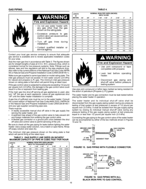 Page 1616
GAS PIPING
Contact	your	 local	 gas	service	 company	 to	ensure	 that	adequate 	
gas	 service	 is	available	 and	to	review	 applicable	 installation	 codes	
for	your	area.
Size	 the	main	 gas	line	in	accordance	 with	Table	 3.	The	 figures	 shown	
are	 for	straight	 lengths	of	pipe	 at	0.5	 in.	W.C.	 pressure	 drop,	which	 is	
considered	 normal	for	low	 pressure	 systems.	 Note:	Fittings	 such	as	
elbows,	 tees	and	line	regulators	 will	add	 to	the	 pipe	 pressure	 drop.	
Also	 refer	 to	the	 current...