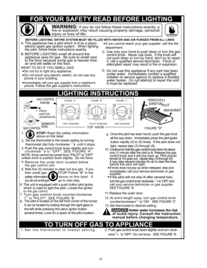 Page 1818
FLAMMABLE
WARNING:If you do not follow these instructions exactly , a
fire or explosion may result causing property damage, personal
injury or loss of life.
BEFORE LIGHTING: ENTIRE SYSTEM MUST BE FILLED WITH W ATER  AND  AIR PURGED FROM  ALL LINES
A.
C.
D .
WHA
T TO DO IF  YOU SMELL  GAS
Do not try to light any appliance.
Do not touch any electric switch; do not use any phone in your building.
Immediately call your gas supplier from a neighborsphone. Follow the gas suppliers instructions. If you...