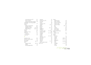 Page 213213
Index
synchronizing with a PC 173
types of account 173
viewing email & SMS messages 90
embedding.See inserting objects
Enter key 25
entries
adding to phonebooks 104
changing in Phone 105
displaying in Phone 99, 100
linking in Phone 104, 107
Esc key 25
eSetup 179
exponents in Calc 131
Extras bar 37
customising 35
Extras icon 37Ffactorials in Calc 130
file lists in System screen 35
file manager 36
filenames 40, 44
files
adding to emails 82, 92
Agenda 74
archiving Agenda files 75attributes 43
backing up...