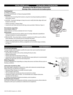 Page 4iNStALLA tiON (cont.):                         iNSt ALAciÓN (A c ONtiNUA ciÓN):
tools Required:
#3 Phillips Screwdriver
Powered Hand Drill with 1/4”(6mm) Standard Drill Bit
Instructions:
•	 Determine	the	mounting	hole	locations	using	the	mounting	template	provided	on	 the product carton.
⚠CAUTION - To prevent damage or injury, be sure to verify that holes align with stud  locations in the wall. 
•	 Drill	four	(4)	holes	2” 	(50mm)	deep.
•	 Locate	unit	over	holes	and	secure	with	lag	screws	provided....