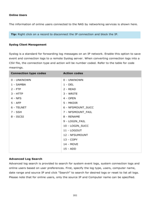 Page 161161 
 
 
Online Users 
 
The information of online users connected to the NAS by networking services is shown here. 
 
Tip: Right click on a record to disconnect the IP connection and block the IP.  
 
Syslog Client Management 
 
Syslog is a standard for forwarding log messages on an IP network. Enable this option to save 
event and connection logs to a remote Syslog server. When converting connection logs into a 
CSV file, the connection type and action will be number coded. Refer to the table for code...