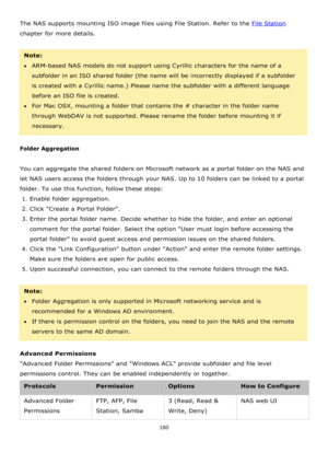 Page 180180 
 
The NAS supports mounting ISO image files using File Station. Refer to the File Station 
chapter for more details. 
 
Note:  
ARM-based NAS models do not support using Cyrillic characters for the name of a 
subfolder in an ISO shared folder (the name will be incorrectly displayed if a subfolder 
is created with a Cyrillic name.) Please name the subfolder with a different language 
before an ISO file is created. 
For Mac OSX, mounting a folder that contains the # character in the folder name...