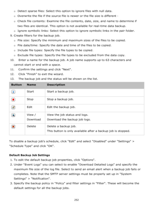 Page 252252 
 
o Detect sparse files: Select this option to ignore files with null data. 
o Overwrite the file if the source file is newer or the file size is different． 
o Check file contents: Examine the file contents, date, size, and name to determine if 
two files are identical. This option is not available for real-time data backup. 
o Ignore symbolic links: Select this option to ignore symbolic links in the pair folder. 
9. Create filters for the backup job. 
o File size: Specify the minimum and maximum...