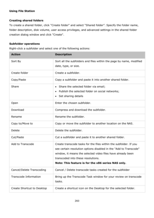 Page 260260 
 
Using File Station 
 
Creating shared folders 
To create a shared folder, click "Create folder" and select “Shared folder”. Specify the folder name, 
folder description, disk volume, user access privileges, and advanced settings in the shared folder 
creation dialog window and click Create.  
 
Subfolder operations 
Right-click a subfolder and select one of the following actions:  
Action Description 
Sort By Sort all the subfolders and files within the page by name, modified 
date, type,...