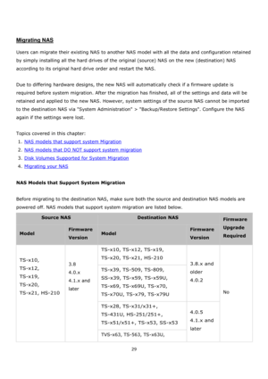 Page 2929 
 
 
 
 
Migrating NAS 
 
Users can migrate their existing NAS to another NAS model with all the data and configuration retained 
by simply installing all the hard drives of the original (source) NAS on the new (destination) NAS 
according to its original hard drive order and restart the NAS.  
 
Due to differing hardware designs, the new NAS will automatically check if a firmware update is 
required before system migration. After the migration has finished, all of the settings and data will be...