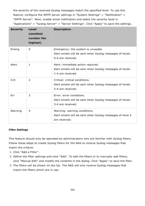 Page 304304 
 
the severity of the received Syslog messages match the specified level. To use this 
feature, configure the SMTP server settings in System Settings > Notification > 
SMTP Server. Next, enable email notification and select the severity level in 
Applications > Syslog Server > Server Settings. Click Apply to save the settings. 
Severity Level 
(smallest 
number the 
highest) 
Description 
Emerg 0 Emergency: the system is unusable. 
Alert emails will be sent when Syslog messages of levels 
0-4 are...