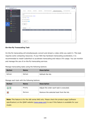 Page 339339 
 
 
 
On-the-fly Transcoding Task 
 
On-the-fly transcoding will simultaneously convert and stream a video while you watch it. This task 
requires some computing resources. If your NAS has hardware transcoding acceleration, it is 
recommended to install CodexPack to accelerate transcoding and reduce CPU usage. You can monitor 
and manage the use of on-the-fly transcoding services. 
 
Manage transcoding tasks using the following buttons:  
Button Name Description 
Refresh Refresh Refresh the list....