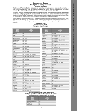 Page 7- 7 -
BrandMarcaMarque
CodeCódigoCode
Admiral335
Aiwa332
Akai314, 315, 316, 329
Audio Dynamic311, 339
Bell & Howell305, 313
Broksonic320, 326
Canon323, 325
Citizen306
Craig305, 306, 329
Curtis Mathes324, 345
Daewoo 301, 324, 343
DBX310, 311, 339
Dimensia345
Emerson303, 319, 320, 325, 326, 343
Fisher305, 307, 308, 309, 313
Funai320, 326, 334
GE324, 333, 345
Goldstar306
Gradiente334
Hitachi300, 323, 345
Instant Replay323, 324
Jensen339
JVC310, 311, 334, 339
Kenwood306, 310, 311, 339
LXI300, 305, 306, 307,...