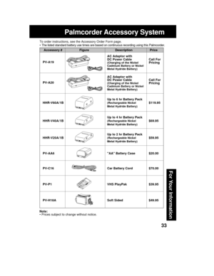 Page 3333
For Your Information
Palmcorder Accessory System
To order instructions, see the Accessory Order Form page.
• The listed standard battery use times are based on continuous recording using this Palmcorder.
Accessory # Figure Description Price
AC Adaptor with
DC Power Cable Call For
PV-A19
(Charging of the NickelPricingCadmium Battery or Nickel
Metal Hydride Battery)
AC Adaptor with
DC Power Cable Call For
PV-A20
(Charging of the NickelPricingCadmium Battery or Nickel
Metal Hydride Battery)
Up to 6 hr...