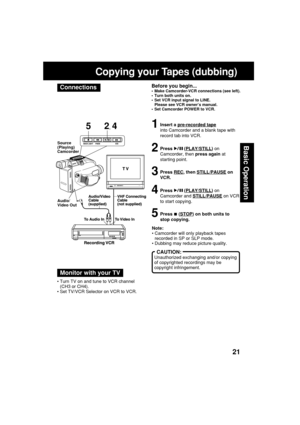 Page 2121
Basic Operation
Before you begin...•Make Camcorder-VCR connections (see left).
•Turn both units on.
•Set VCR input signal to LINE.
Please see VCR owner’s manual.
•Set Camcorder POWER to VCR.
1Insert a pre-recorded tape
into Camcorder and a blank tape with
record tab into VCR.
2Press  (PLAY/STILL) on
Camcorder, then press again at
starting point.
3Press REC, then STILL/PAUSE on
VCR.
4Press  (PLAY/STILL) on
Camcorder and 
STILL/PAUSE on VCR
to start copying.
5Press  (STOP) on both units to
stop...