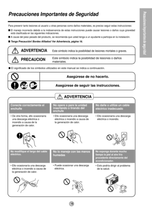 Page 15ADVERTENCIA
15
Precauciones Importantes de seguridad
Precauciones Importantes de Seguridad
Para prevenir tanto lesiones al usuario u otras personas como daños materiales, es preciso seguir estas instrucciones:
El manejo incorrecto debido a la inobservancia de estas instrucciones puede causar lesiones o daños cuya gravedad
está clasificada en las siguientes indicaciones.
A cause del peso pesado del producto, se recomienda que usted tenga a un ayudante a participa en la instalación.
Tenga Precaución!...