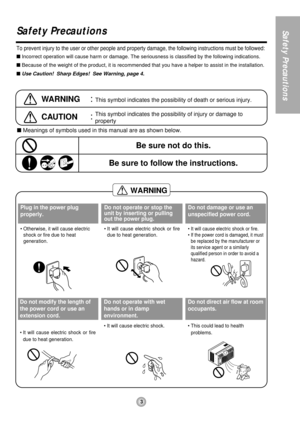 Page 3WARNING
3
Safety PrecautionsSafety Precautions
To prevent injury to the user or other people and property damage, the following instructions must be followed:
Incorrect operation will cause harm or damage. The seriousness is classified by the following indications.
Because of the weight of the product, it is recommended that you have a helper to assist in the installation.
Use Caution! Sharp Edges! See Warning, page 4.
WA R N I N G:This symbol indicates the possibility of death or serious injury....