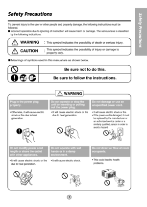 Page 3WARNING
3
Safety PrecautionsSafety Precautions 
To prevent injury to the user or other people and property damage, the following instructions must be
followed.
Incorrect operation due to ignoring of instruction will cause harm or damage. The seriousness is classified
by the following indications.
WARNING: This symbol indicates the possibility of death or serious injury.
CAUTION:This symbol indicates the possibility of injury or damage to
property only.
Meanings of symbols used in this manual are as...