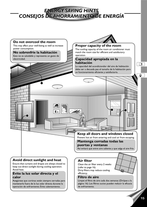 Page 1715
Avoid direct sunlight and heat
Ensure that curtains and drapes are always closed to
keep out direct sunlight during cooling operation.
Avoid heat.
Evite la luz solar directa y el
calor
Asegúrese que cortinas estén siempre cerradas para
mantenerlo fuera de la luz solar directa durante la
operación de enfriamiento. Evite calentamiento.
Air filter
Clean the air filter every 2 weeks
(refer to page 16).
Dirty filters may reduce cooling
efficiency.
Filtro de aire
Limpie el filtro de aire cada dos semanas...