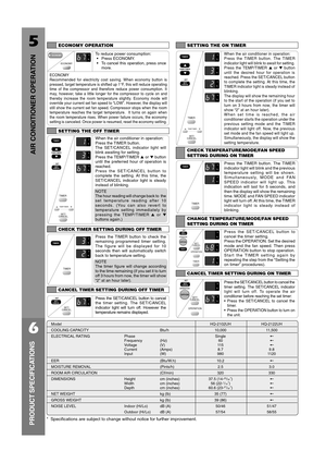 Page 65
AIR CONDITIONER OPERATION
6
PRODUCT SPECIFICATIONS
ModelHQ-2102UH HQ-2122UH
COOLING CAPACITY Btu/h 10,000 11,500
ELECTRICAL RATING Phase Single+
Frequency (Hz) 60+
Voltage (V) 115+
Current (Amps) 8.7 9.8
Input (W) 980 1120
EER (Btu/W.h) 10.2+
MOISTURE REMOVAL (Pints/h) 2.5 3.0
ROOM AIR CIRCULATION (Cf/min) 320 330
DIMENSIONS Height cm (inches) 37.5 (14-25/32˝)+
Width cm (inches) 56 (22-1/16˝)+Depth cm (inches) 60.6 (23-27/32˝)+
NET WEIGHT kg (lb) 35 (77)+
GROSS WEIGHT kg (lb) 39 (86)+
NOISE LEVEL...