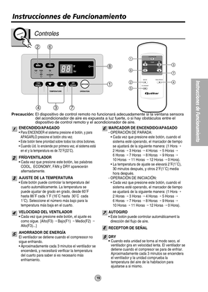 Page 1962
1
8
347
OPERATION
TEMP
TIMERAIR
SWING
MODE
ECONOMYFAN SPEED1
6
24
5
3
7
19
Instrucciones de Funcionamiento
Instruccionnes de Funcionamiento
Controles
ENECNDIDO/APAGADO
• Para ENCENDER el sistema presione el botón, y para
APAGARLO presione el botón otra vez.
• Este botón tiene prioridad sobre todos los otros botones.
• Cuando Ud. Io enciende por primera vez, el sistema está
en el y la temperatura es de 72˚F(22˚C).
FRÍO/VENTILADOR
• Cada vez que presione este botón, las palabras
COOL,  ECONOMY, FAN y...