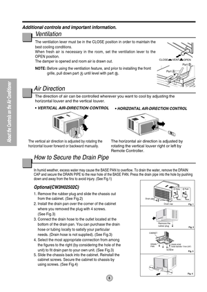 Page 6Additional controls and important information.
Ventilation
The ventilation lever must be in the CLOSE position in order to maintain the
best cooling conditions.
When fresh air is necessary in the room, set the ventilation lever to the
OPEN position. 
The damper is opened and room air is drawn out.
Air Direction
The vertical air direction is adjusted by rotating the
horizontal louver forward or backward manually.The horizontal air direction is adjusted by
rotating the vertical louver right or left by...