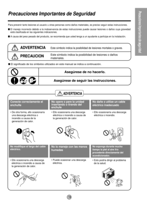 Page 13ADVERTENCIA
13
PrecaucionesImportantesdeseguridad
Precauciones Importantes de Seguridad
Para prevenir tanto lesiones al usuario u otras personas como da–os materiales, es preciso seguir estas instrucciones.
nEl manejo incorrecto debido a la inobservancia de estas instrucciones puede causar lesiones o da–os cuya gravedad
est‡ clasificada en las siguientes indicaciones.
nA causa del peso pesado del producto, se recomienda que usted tenga a un ayudante a participa en la instalaci—n. 
ADVERTENCIAEste s’mbolo...