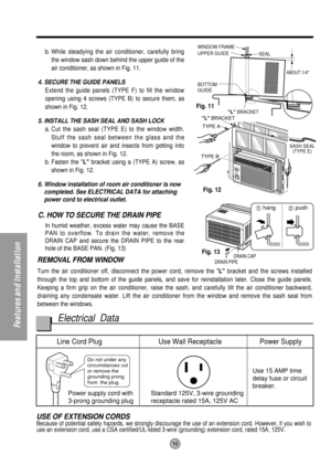 Page 10Do not under any 
circumstances cut 
or remove the 
grounding prong 
from the plug.
Line Cord PlugUse Wall ReceptaclePower Supply
Power supply cord with
3-prong grounding plugStandard 125V, 3-wire grounding
receptacle rated 15A, 125V ACUse 15 AMP time
delay fuse or circuit 
breaker.
TYPE B
SASH SEAL
(TYPE E)
L BRACKET
TYPE A
SEAL WINDOW FRAME
BOTTOM
GUIDE
ABOUT 1/4
L BRACKET UPPER GUIDE
DRAIN PIPEDRAIN CAP
10
FeaturesandInstallation
b. While steadying the air conditioner, carefully bring
the window sash...