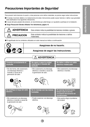 Page 13ADVERTENCIA
13
Precauciones Importantes de seguridad
Precauciones Importantes de Seguridad
Para prevenir tanto lesiones al usuario u otras personas como daños materiales, es preciso seguir estas instrucciones:
El manejo incorrecto debido a la inobservancia de estas instrucciones puede causar lesiones o daños cuya gravedad
está clasificada en las siguientes indicaciones.
A cause del peso pesado del producto, se recomienda que usted tenga a un ayudante a participa en la instalación.
Tenga Precaución!...