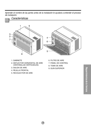 Page 171
86
5 3
2
79
4
Requerimientos de la Ventana
17
Aprender el nombre de las partes antes de la instalación le ayudará a entender el proceso
de instalación.
Características
1. GABINETE
2. DEFLECTOR HORIZONTAL DE AIRE
(VENTANILLAS VERTICAKLES)
3. SALIDA DE AIRE
4. REJILLA FRONTAL
5. RECOLECTOR DE AIRE6. FILTRO DE AIRE
7. PANEL DE CONTROL
8. TOMA DE AIRE
9. GUÍA SUPERIOR 