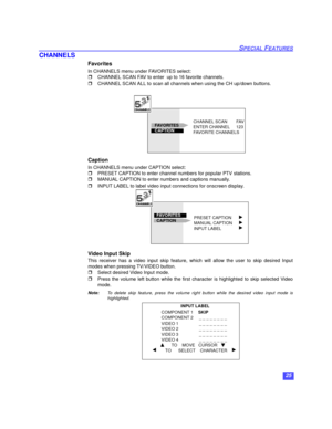 Page 2625
SPECIAL FEATURES
CHANNELS
Favorites
In CHANNELS menu under FAVORITES select:
rCHANNEL SCAN FAV to enter  up to 16 favorite channels.
rCHANNEL SCAN ALL to scan all channels when using the CH up/down buttons.
 
Caption
In CHANNELS menu under CAPTION select:
rPRESET CAPTION to enter channel numbers for popular PTV stations. 
rMANUAL CAPTION to enter numbers and captions manually.  
rINPUT LABEL to label video input connections for onscreen display.     
Video Input Skip 
This receiver has a video input...