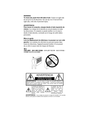 Page 31RIESGO DE SACUDIDAS 
ELECTRICAS.  NO ABRIR.
ADVERTENCIA
ADVERTENCIA:  A fin de reducir el riesgo de sacudidas eléctricas, no
deberán quitarse ni la cubierta ni la tapa posterior.   No hay en el interior pieza
alguna que el usuario tenga que reparar. Todo servicio habrá de brindarlo
personal de reparación capacitado.
El propósito del relámpago con
punta de flecha dentro de un
triángulo es el de advertir al
usuario de que existen piezas
internas del producto que
representan riesgo de que las
personas...