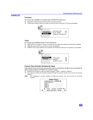Page 5525
FUNCIONES ESPECIALES
CANALES
Favoritos
En el menú de CHANNELS (Canales) bajo FAVORITOS seleccione:
rEXPLORA CAN FAV para introducir hasta 16 canales favoritos.
rTODOS para explorar todos los canales cuando se usan los botones CH (Canal) arriba/abajo.  
Título
En el menú de CHANNELS bajo TITULO seleccione:
rPREFIJADO para asignar el número de canal para las estaciones populares de televisión prefijadas. 
rMANUAL para introducir los números y títulos manualmente.rPONGA TITULO para clasificar las...