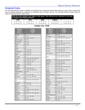 Page 13REMOTE CONTROL OPERATION11 Component Codes
The Universal Remote Control is capable of operating many component brands after entering a code. Some components
may not operate because the codes are not available due to limited memory. The Universal Remote Control does not
control all features found in each model.  Write the code numbers from tables in this space. This will serve as a reference if you need
to program your Remote Control.
VCR DVD DBS CABLE  Codes For VCRBrand
Marca
MarqueCode
Código...